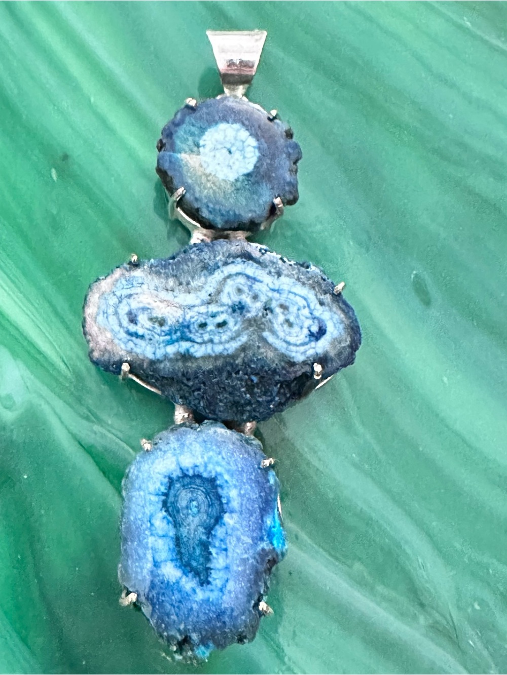 Multi Stone Artisan Dyed Blue Agate Druzy Trio Pendant Necklace